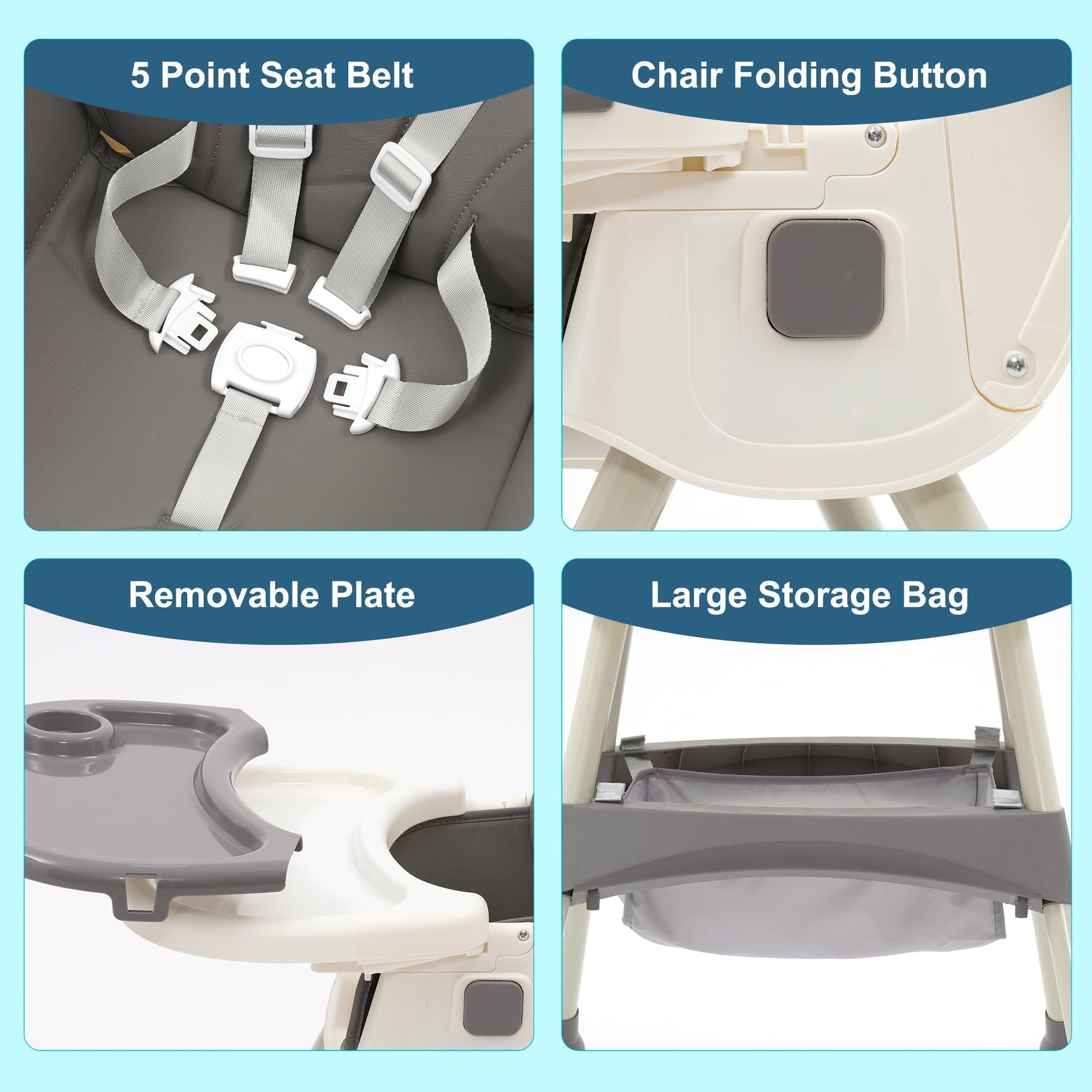 Trona Bebé 3 en 1 Plegable - 3 Posiciones Reclinable Con Ruedas, Doble Bandeja Extraíble, Asiento Reposapiés, Altura Regulable - Para Bebés 6+ Meses, Gris