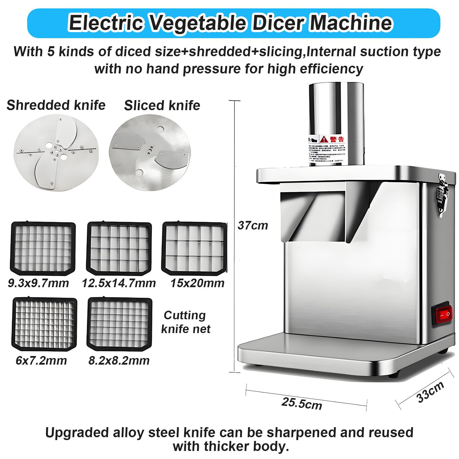 Tagliaverdure Elettrico da 250 W, tagliaverdure Automatico per Frutta e Verdura con stampi per Tagliare a cubetti da 6/8/9/12/15 mm, tagliaverdure Elettrico per cipolle