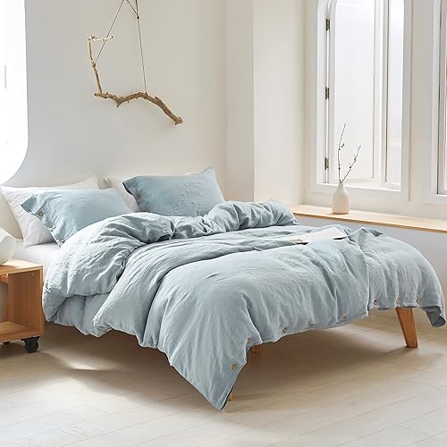 Miniatura 7 de Simple&Opulence - Juego de funda de edredón 100 % lino, 3 piezas con cierre de botón de coco, de lino francés lavado, color liso, suave,