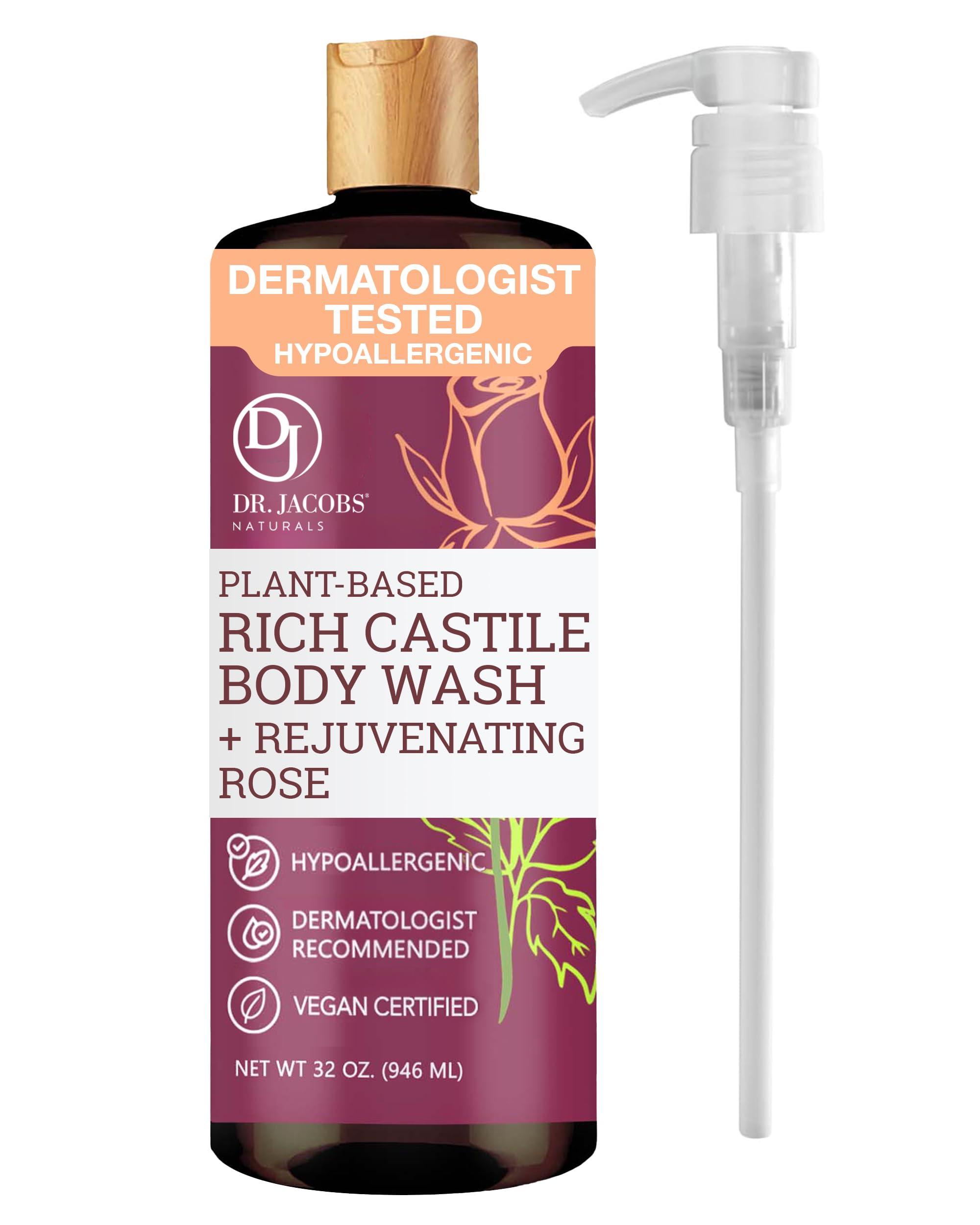Dr. Jacobs Naturals Castile Rose All-Natural Body Wash for Moisturizing Dry and Sensitive Skin Shampoo with Plant-Based Ingredients Gluten,