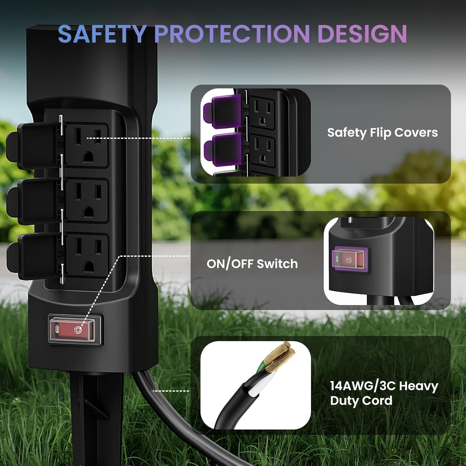 K KASONIC Outdoor Power Stake, Kasonic 6-Outlet 9 ft Extension Cord Power Strip, Double Sided with Weatherproof Safety Flip Covers, ETL Certified Multi-Outlets, Black