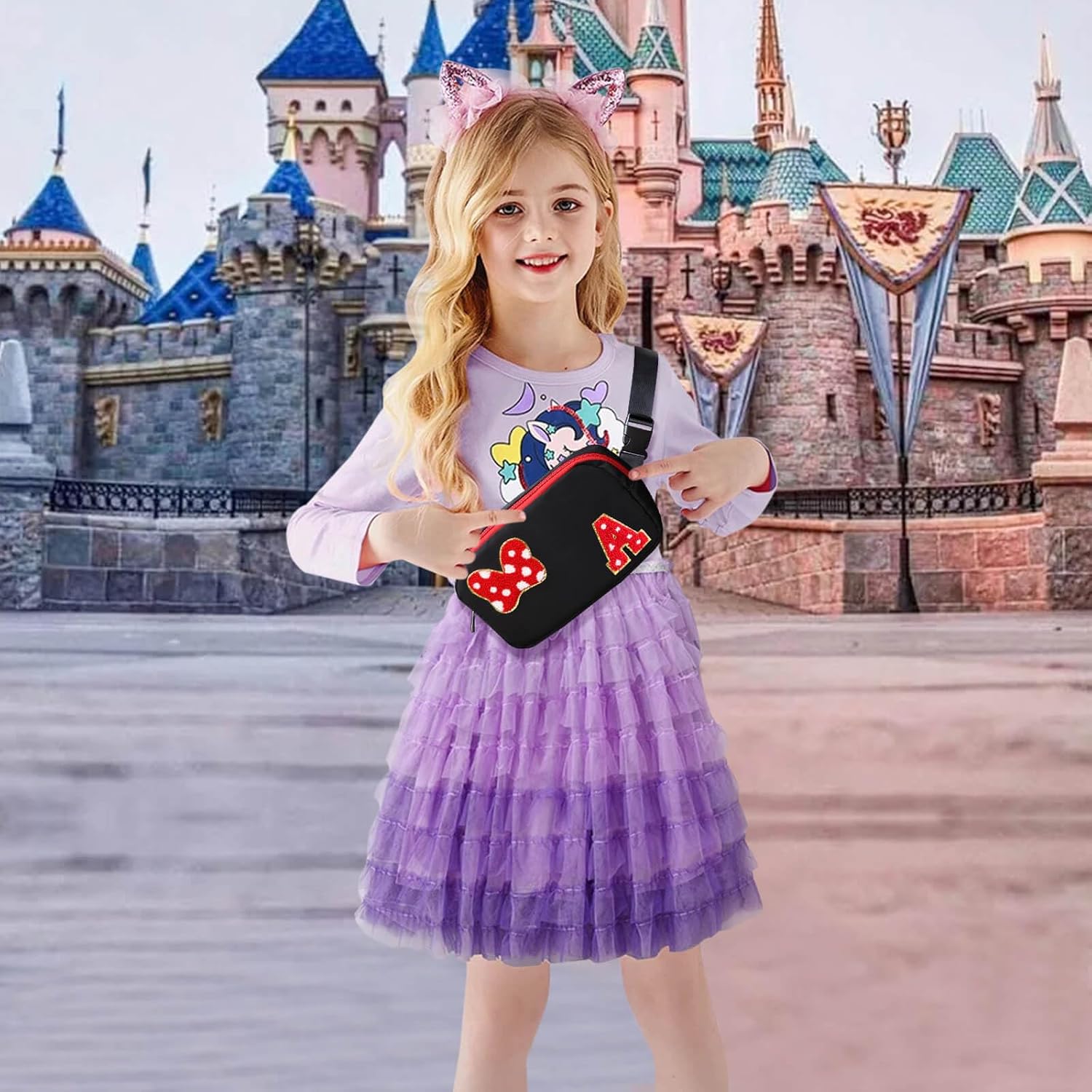 Chenille Initial Letter Bow Mouse Fanny Pack, Waterproof Park Crossbody Bag Christmas Birthday Gifts for Teen Girls Daughter Women Kids Adults, Cute Belt Bag Must Haves for Park Travel (A, Black) - Image 2