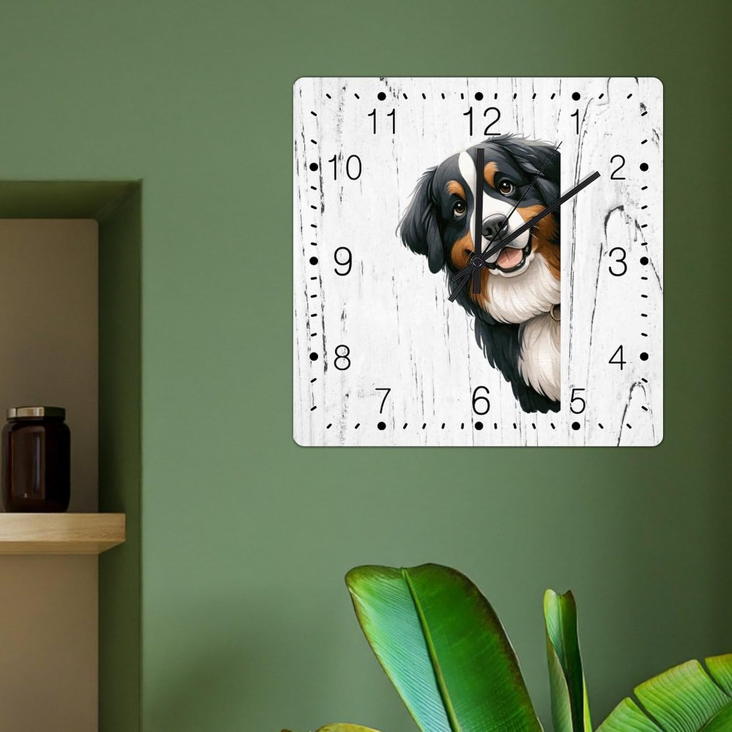 Bernese Mountain Hanging Wall Clock Bernese Mountain Dog Peeking ASquare Corner Clock Pet Owner Gift Wood Clocks Quartz Battery Operated Silent Clock for Home Bar Coffee 15x15in