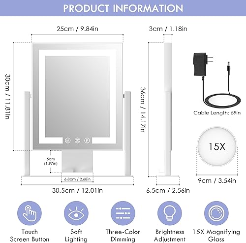 Miniatura 6 de Espejo de maquillaje con luces, espejo de tocador con luces, espejo de mesa con aumento desmontable de 15X, 3 modos de color y control táctil