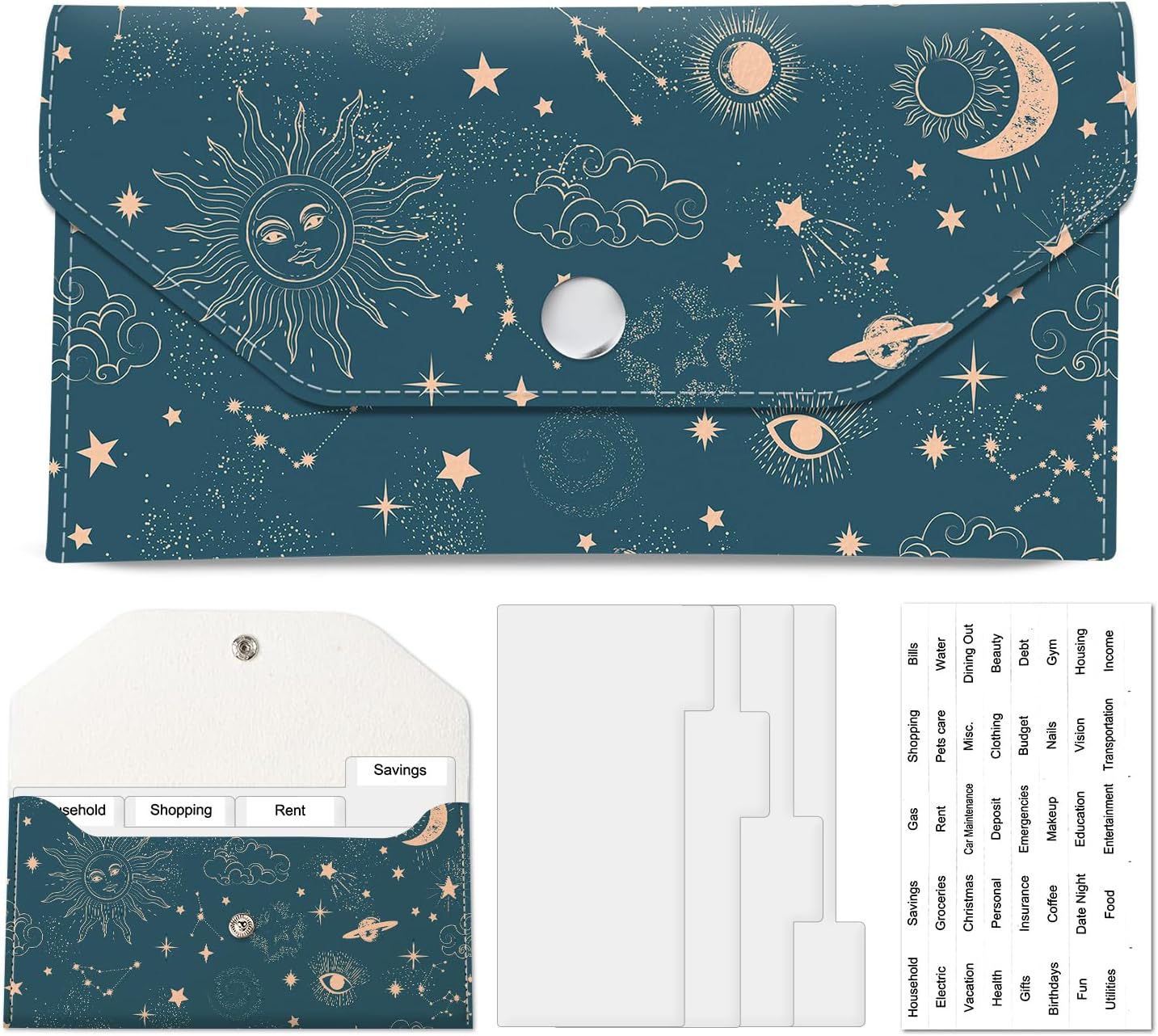 PU Leather Cash Envelopes Wallet, Reusable Money Savin Wallet, Cute Budget Envelope with 4 Dividers & 1 Sheets Budget Labels Galaxy Night Sky