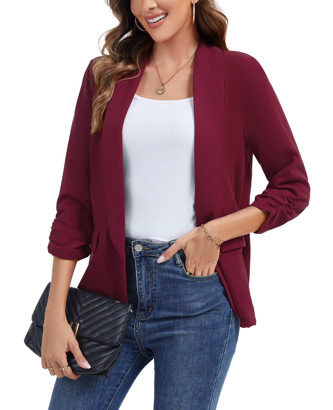 Womens Ruched 3 4 Sleeve Blazers Casual Shawl Lapel Work Padded Shoulder Open Front Blazer Jackets Pocket