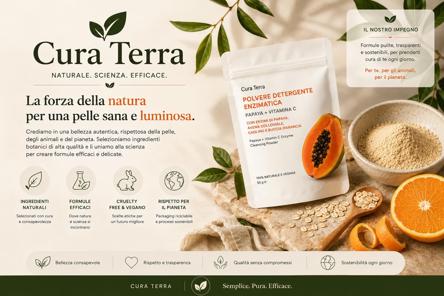Papaya + Vitamina C - Polvere detergente enzimatico viso 50 g | Esfoliante naturale illuminante con enzimi di papaia, avena colloidale, caolino e buccia d'arancia | 100% naturale e vegano