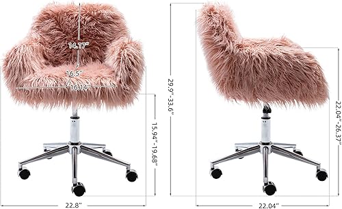 Miniatura 2 de Silla de tocador rosa peluda, bonitas sillas de escritorio de piel sintética con ruedas, asiento tapizado, altura ajustable, silla giratoria para