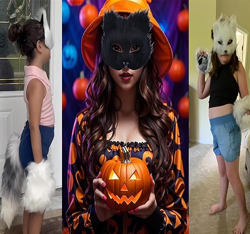 Miniatura 5 de Therian Máscara y cola para niña, gato peludo, zorro, lobo máscara Therian para mujer, disfraz de Halloween