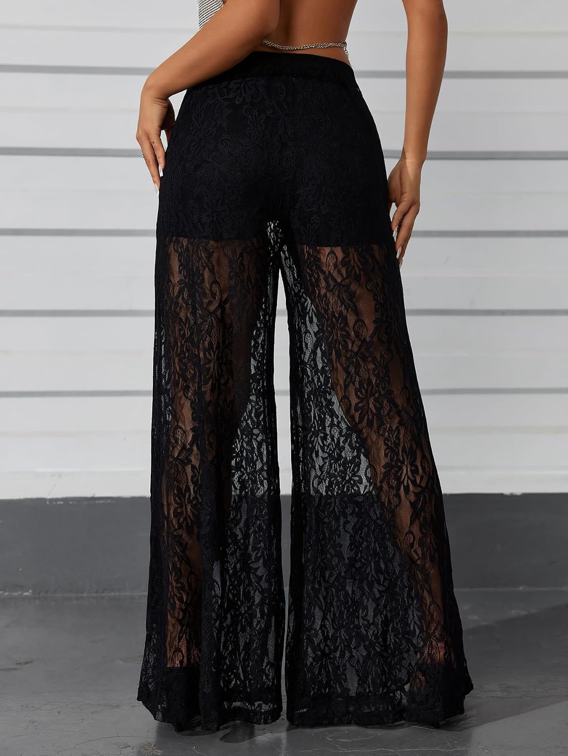 OYOANGLE Women's Lace Sheer Elastic Waist Wide Leg Pants See Through Long Trousers Party Clubwear