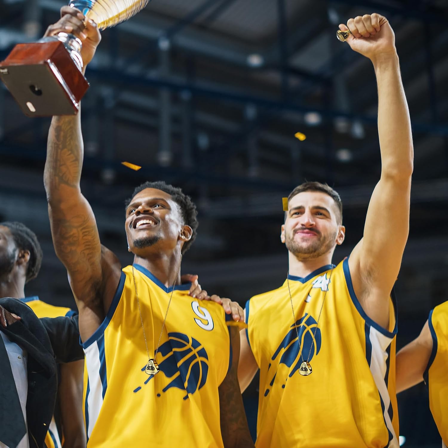 Landical 10 Pcs Championship Trophy Rings Bulk MVP Winner Youth Award Gift with Neck Chains and Display Stand for Basketball Baseball Football Volleyball Softball