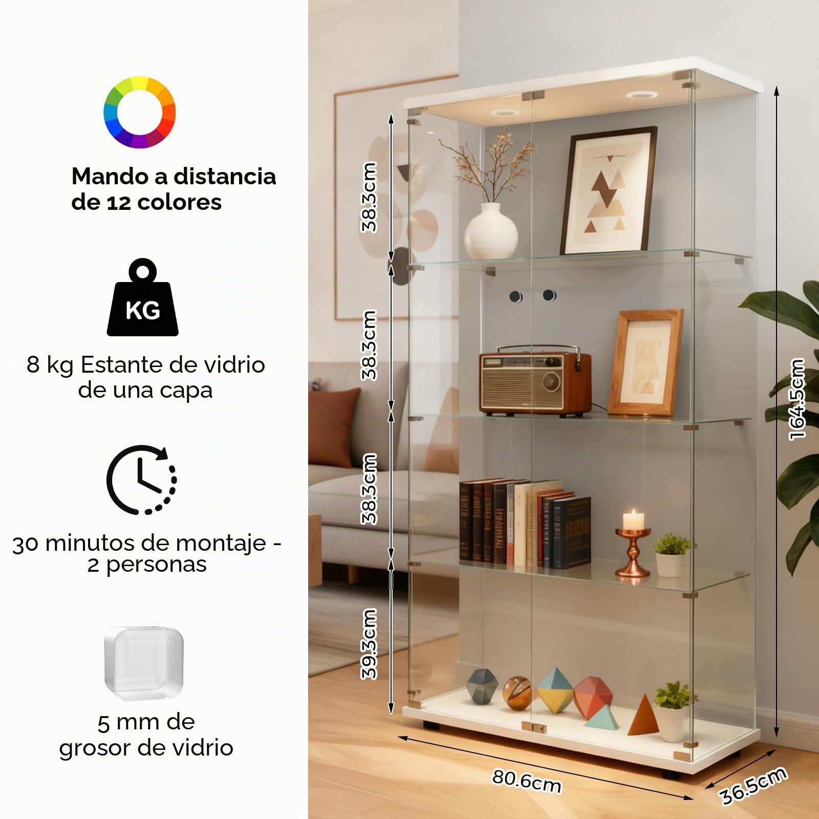 Vitrina de cristal con iluminación LED, vitrina de 4 pisos con puertas dobles, vitrina de colección, cerradura para salón, oficina, comedor y dormitorio, vitrina de cristal (blanco)