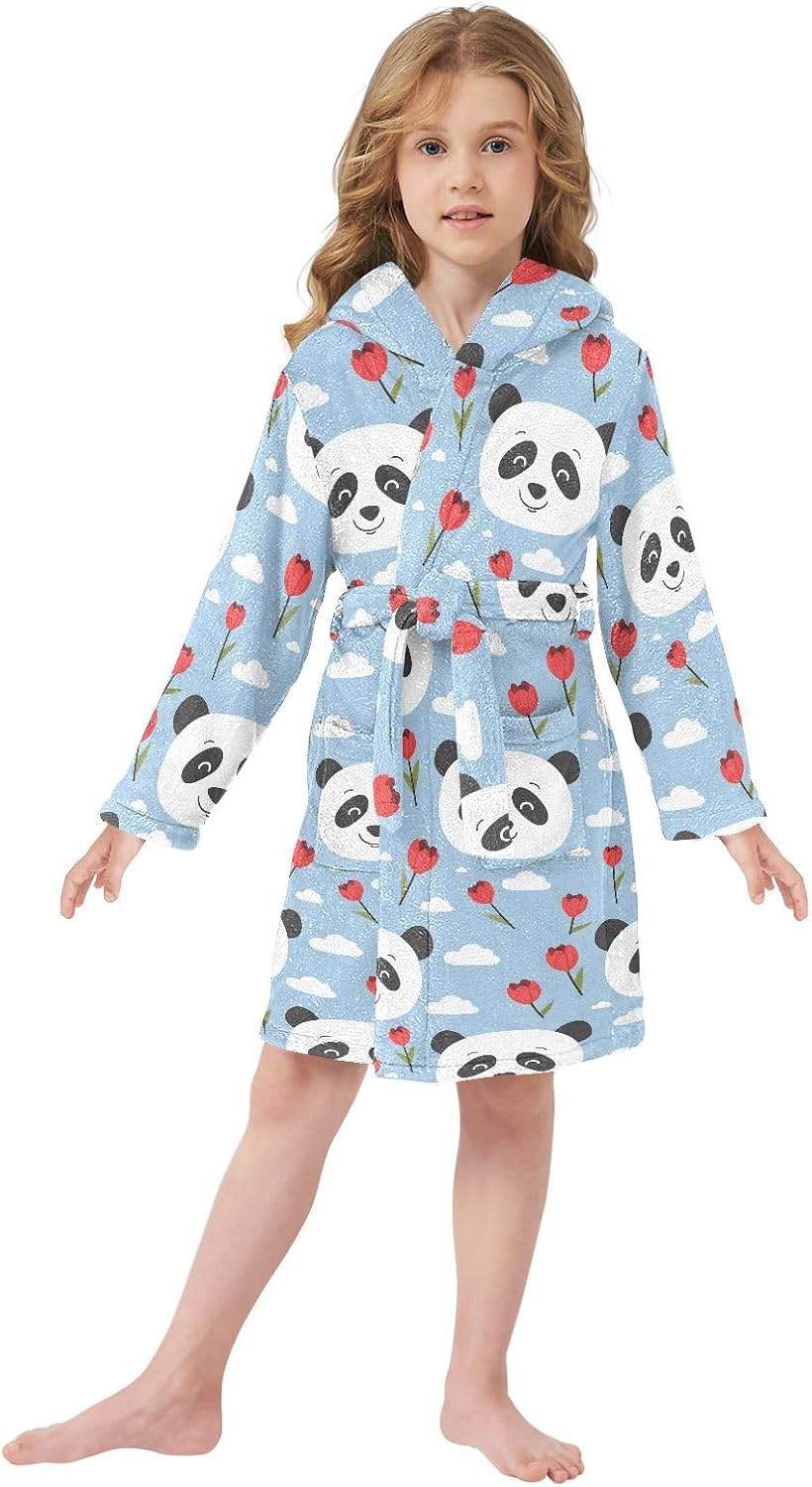 senya Panda and Flower Rose Toddler Hooded Bathrobe Kids Soft Plush Bath Towel Robes for Boys Girls 2-12 Years