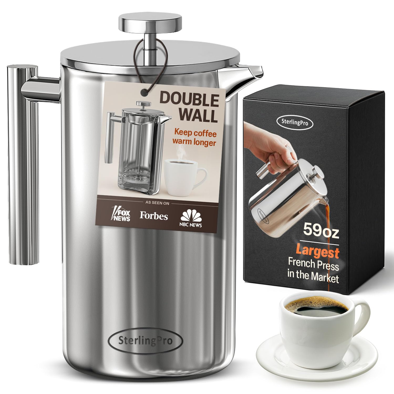Extra Large Insulated Metal French Press Coffee Maker 59 oz (1.75L), Large Capacity Stainless Steel Big French Press XL, Durable Insulated Mirror Coffee Maker with Double Walled Insulation, Mirror