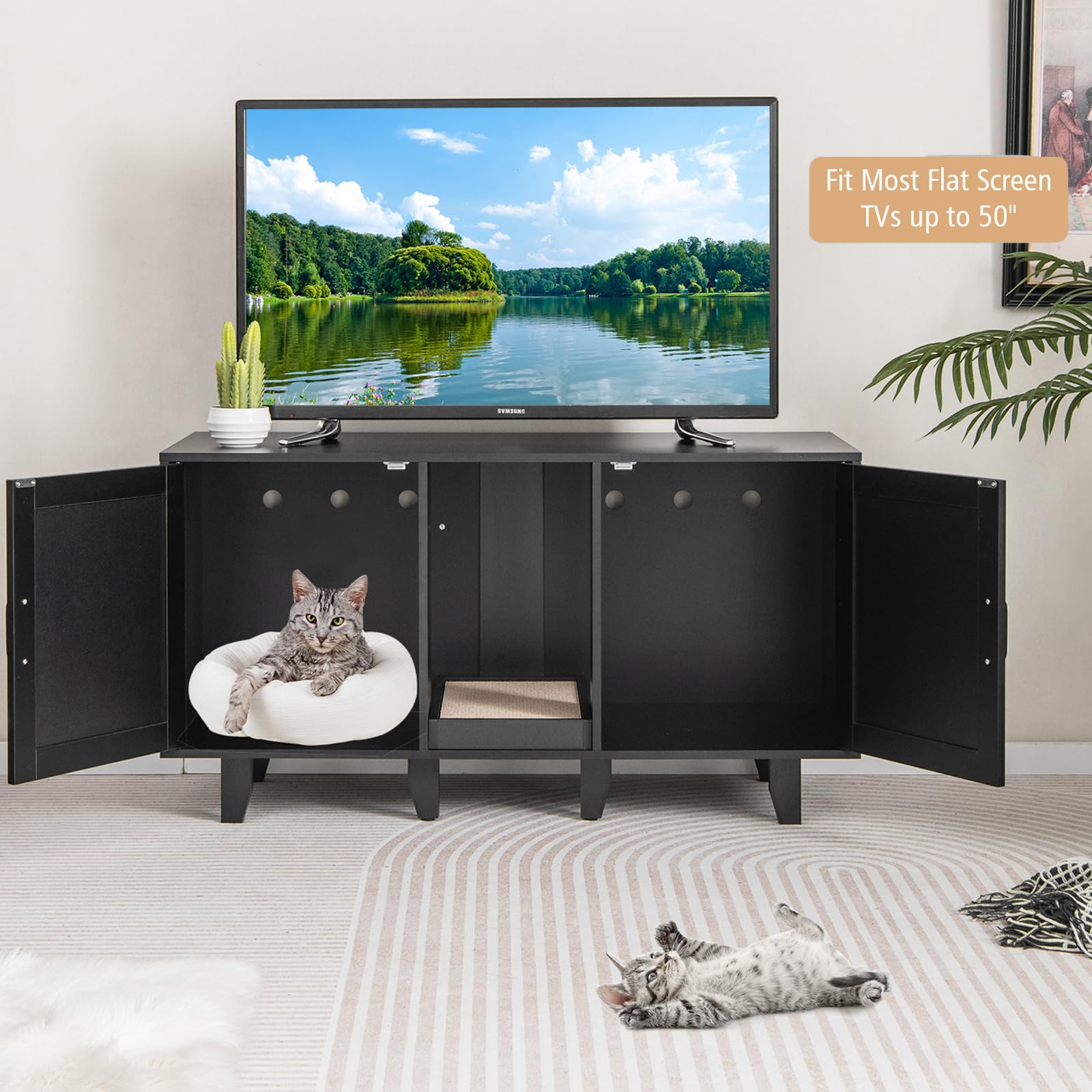 SOARS Mobile Lettiera per Gatti con 2 Ante, Armadio per Gatto in Legno con Ingresso Centrale e Tiragraffi, Grotta Rifugio Multiuso per Soggiorno e Camera da Letto, 120 x 52 x 65 cm (Nero)