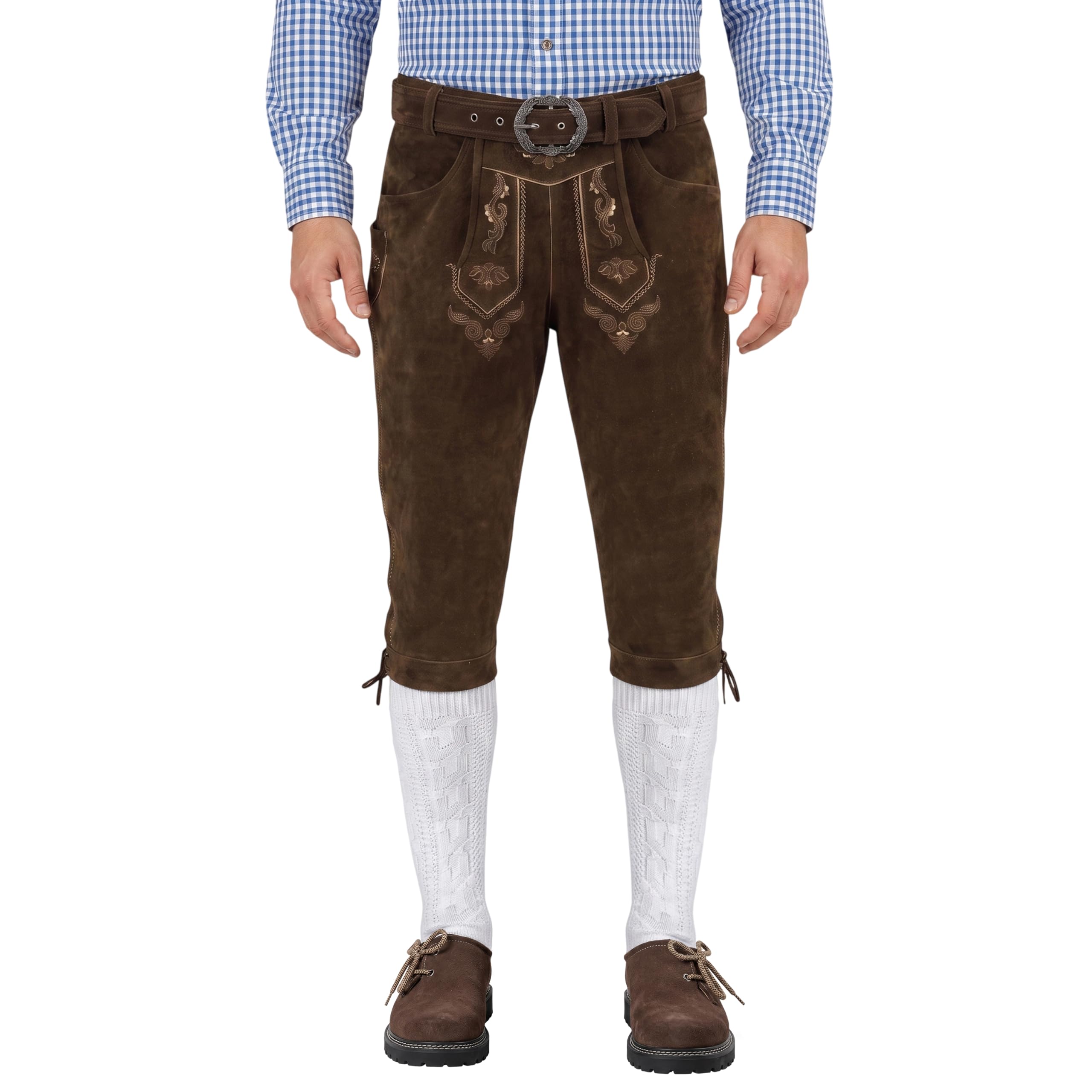 German Wear Trachtenlederhose Herren Kniebund Lederhose mit Gürtel 100% Wildleder Rindsvelours Traditionelle Stickerei Messertasche für Volksfeste Trachtenveranstaltungen