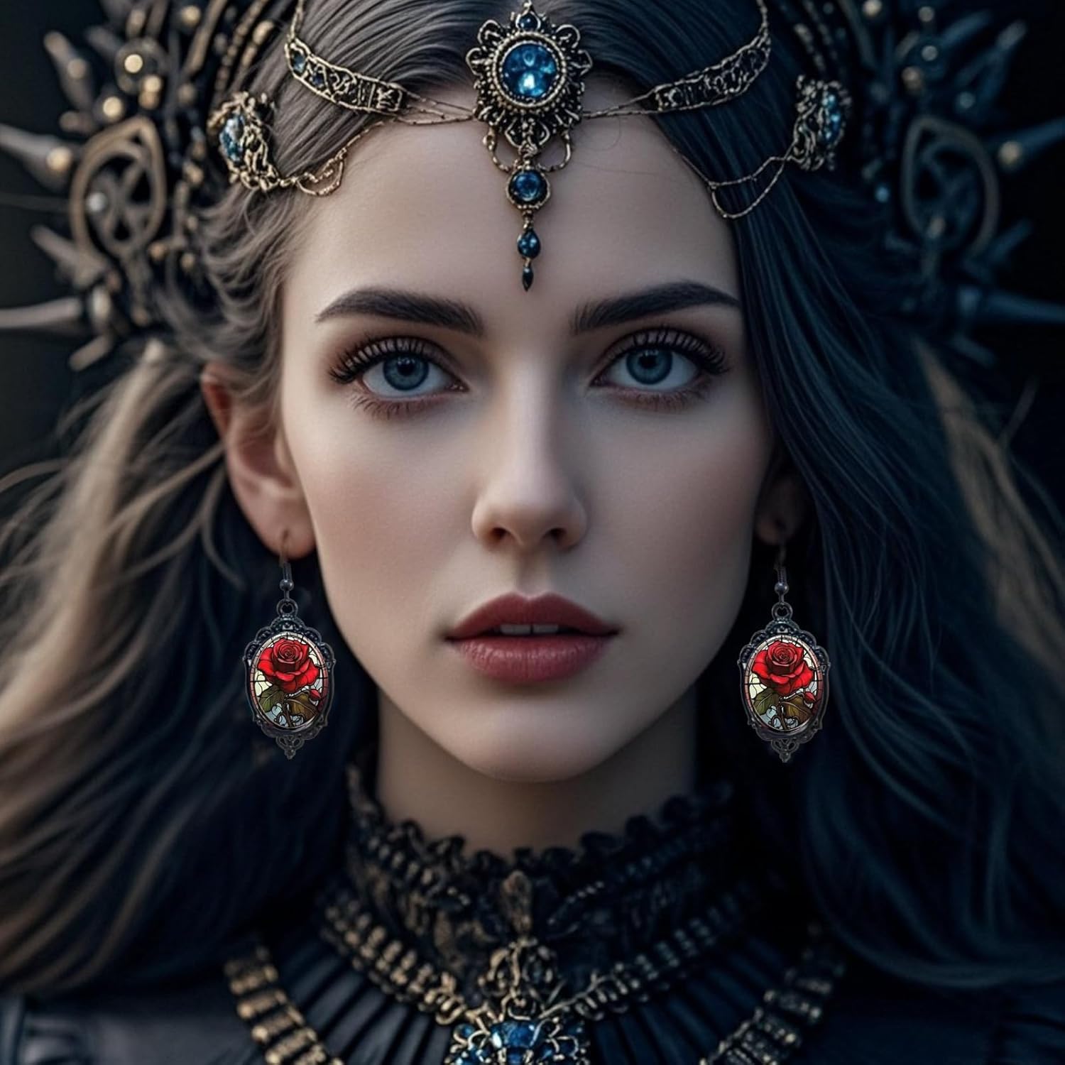 Gothic Rose Cameo Earrings Vintage Crystal Flower Drop Earring Dark Punk Style Victorian Mystic Jewelry Women Red Dangle - Image 4