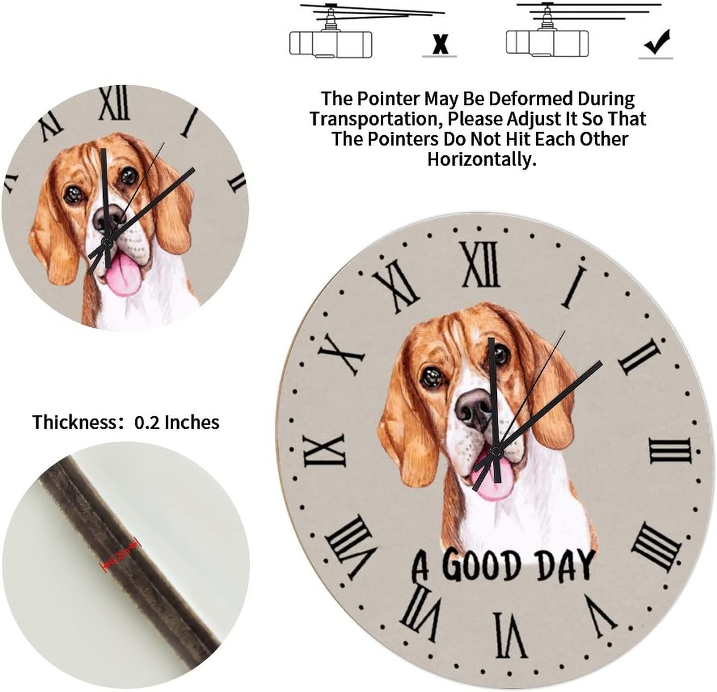 Hanging Clock 12in Dog Beagle A Good Day Wooden Clock Funny Pet Animal Marine Style Battery Operated Whisper Quiet Mid Century Theme Art for Mantel Sewing Room Residence Travel Trailer