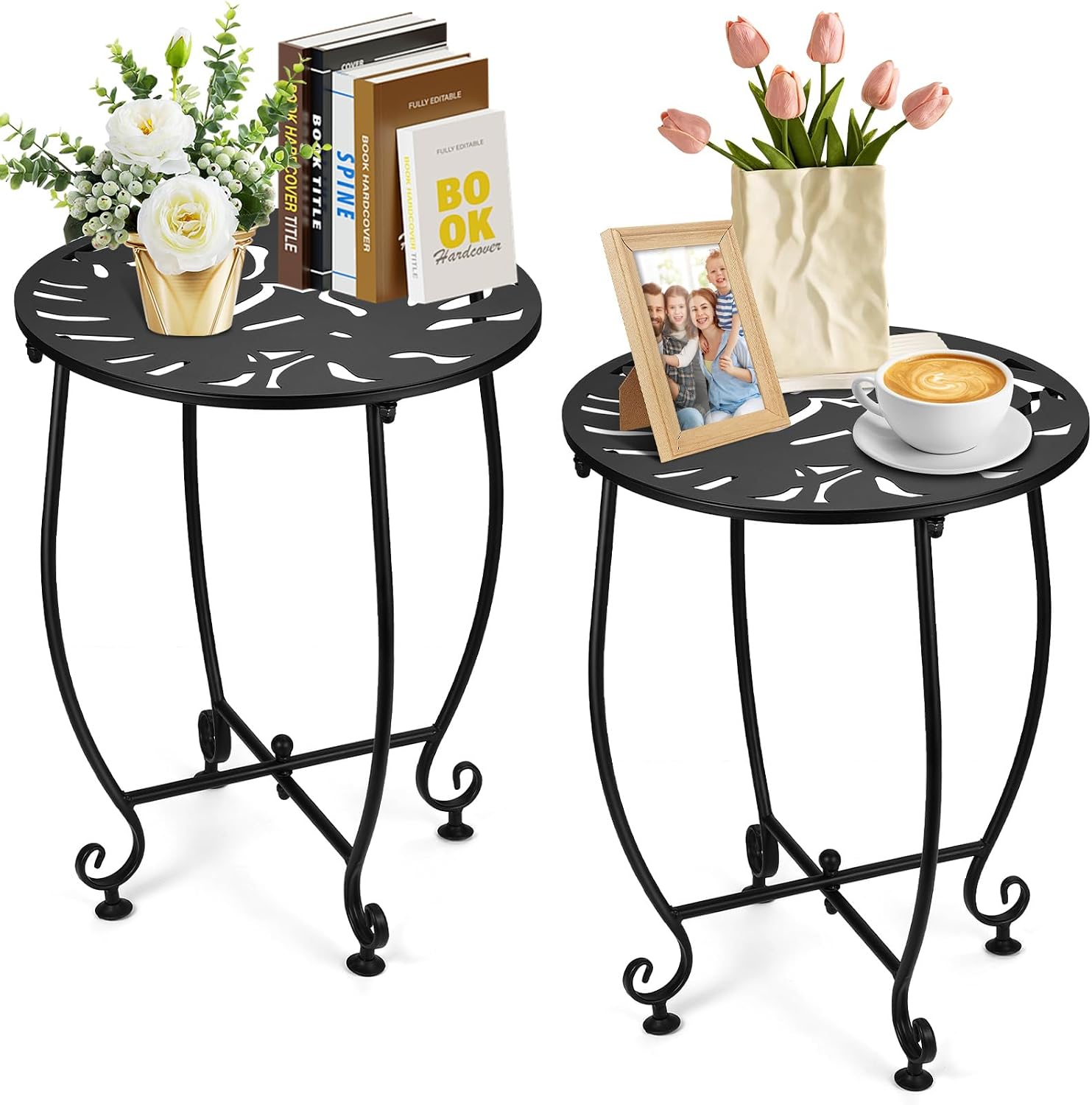 2 Pack Small Outdoor Side Tables for Patio, 14 Inch Metal Patio Side Table, Weather Resistant Steel Outdoor Round End Table for Patio Porch Garden Yard Balcony, Black (Turtle Leaf)