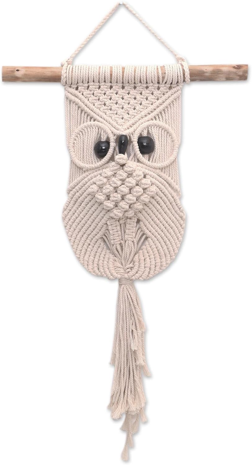 NOVICA Artisan Handmade Cotton Macrame Wall Hanging Owl with Albesia Wood Accents Ivory Cotton Wood Indonesia Decor Animal Themed 'Steady Owl'