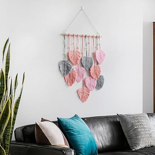 Juaugusep Tapiz de macramé para colgar en la pared, tapiz tejido bohemio chic para decoración del hogar, moderno, hecho a mano, con plumas de hojas