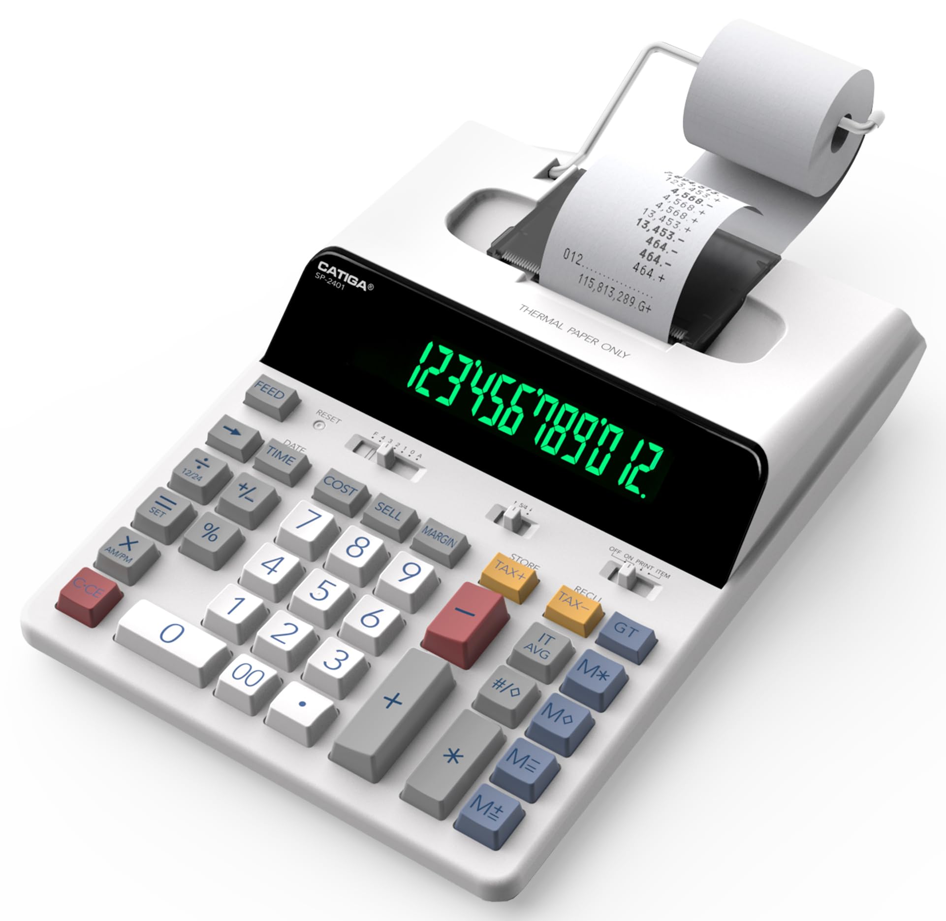CATIGACATIGA 12 Digit Thermal Printing Calculator with Tape Print Out, Ink-Free Adding Machine, 3X Faster Quite at 8.0 LPS, Extra Large Fluorescent Display, Tax Calculation with Clock and Calendar, SP-2401