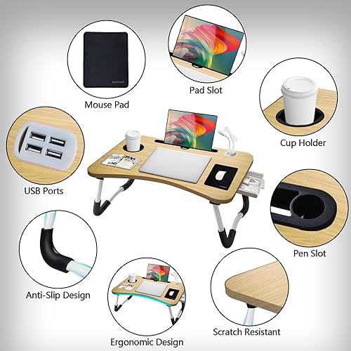 Miniatura 6 de Escritorio para laptop, escritorio de regazo, bandeja de escritorio plegable para cama, escritorio de regazo para cama con puerto de carga USB,