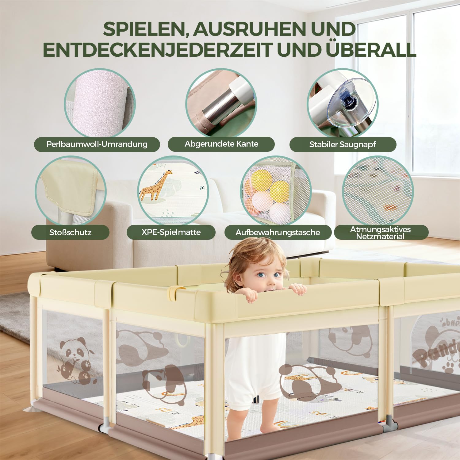 Laufstall Baby 150x180cm mit Matratze, XL Laufgitter Baby mit Rutschfestem Boden & Atmungsaktivem Netz, 210D Oxford Gewebe, Stabiler & Sicherer Babyspielplatz, Playpen, 60 Bällen, 4 Griffe