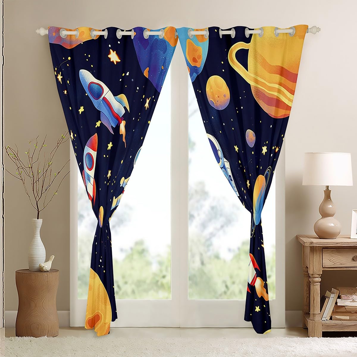 Homemissing Cosmonaut Spaceman Curtains (2 Panels,W52*L63) For Bedroom Kids Boys Teens Space Rocket Print Window Curtains Universe Planets 30%-50% Blackout Curtains Outer Space Window Treatments Decor - Image 4