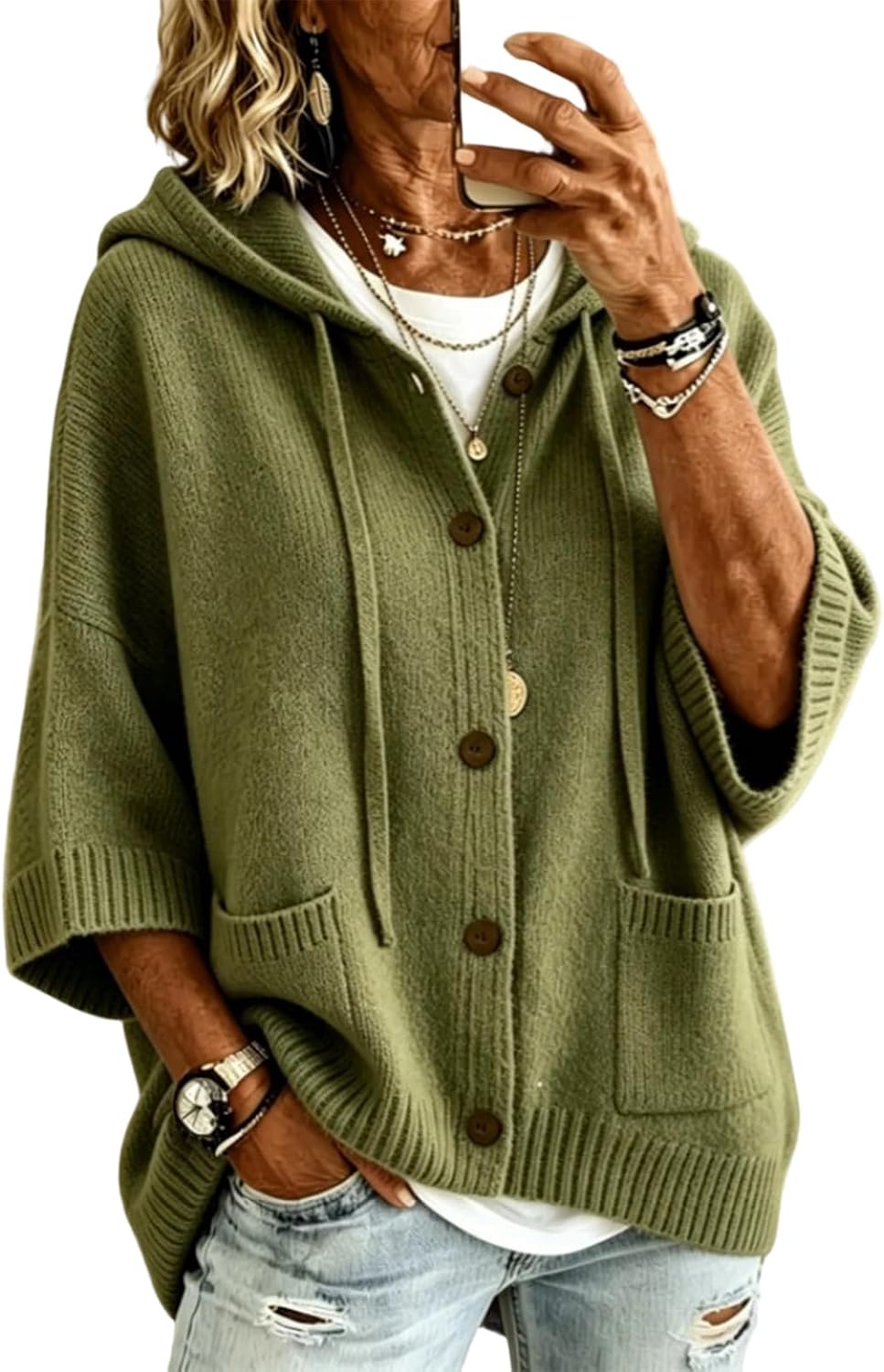 3/4 Sleeves Hoodies for Women Casual Loose Knit Sweater Trendy Soild Hood Tops Fall Oversized Sweater Winter Outwear