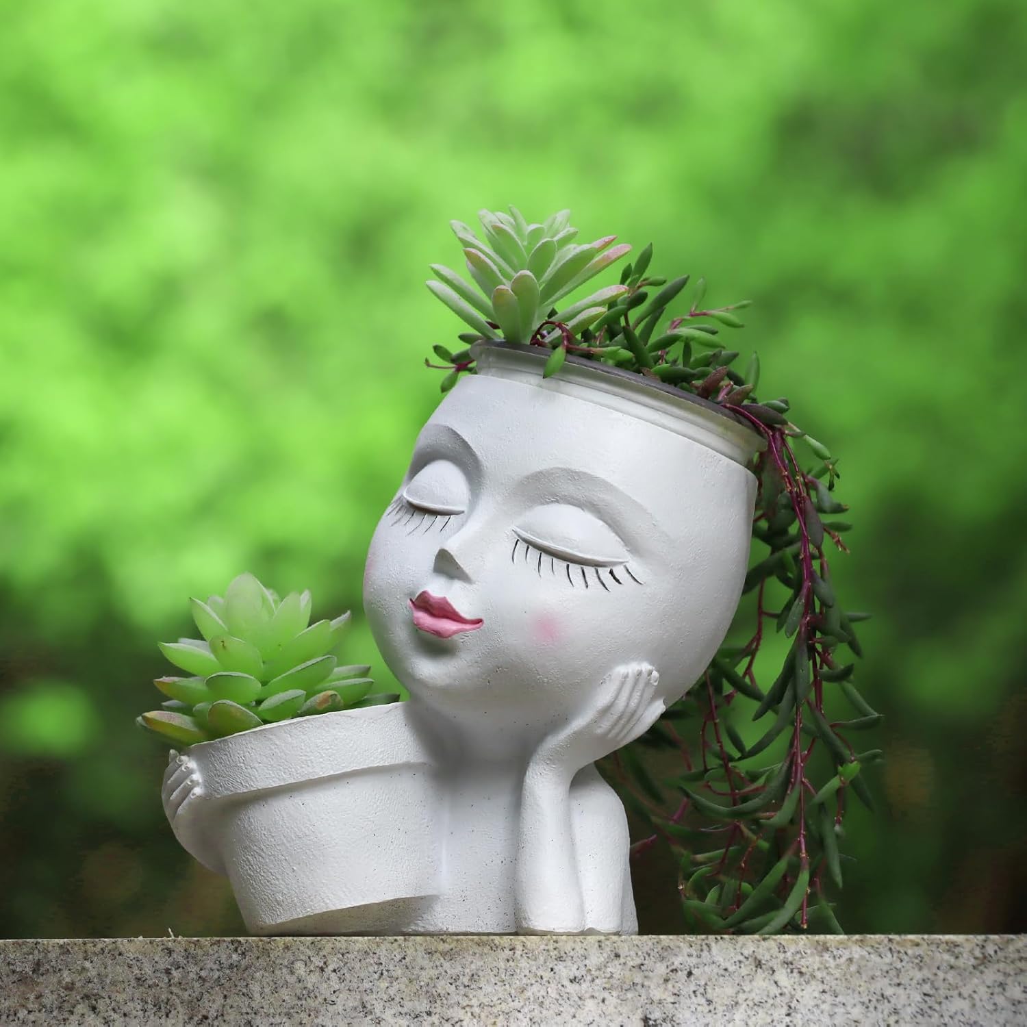 Face Planter Pot, 2-in-1 Resin Head Planter with Mini Pot, Cute Lady Flower Pots with Drainage for Indoor Outdoor Plants, Unique Succulent Cactus Planter, Ideal Gardening Gifts for Women Mom (White)