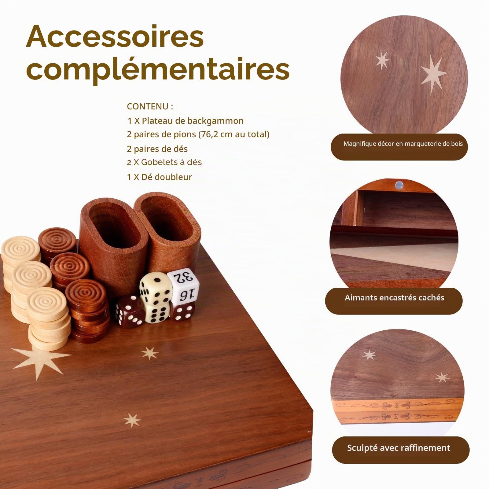 Syrace Jeu de Backgammon Classique en Bois incrusté de 40 cm - Grande Taille - Backgammon avec Dames - pour Adultes et Enfants