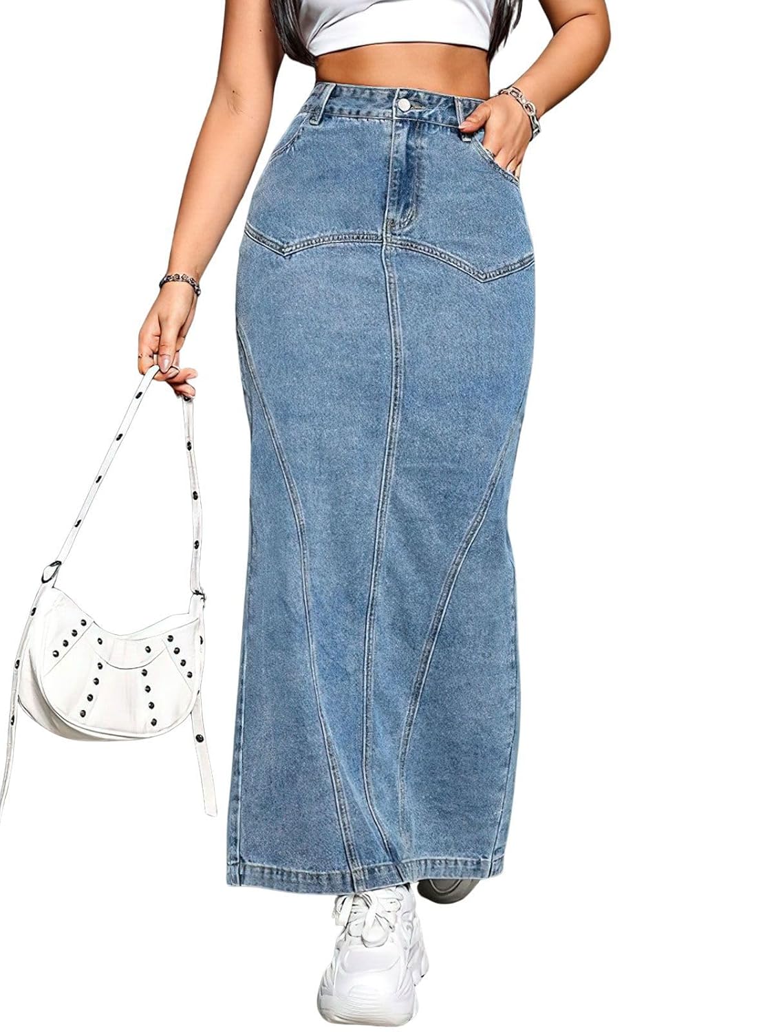ebossy Womens Fashion Slim Stretch Denim Maxi Skirt High Waist Back Slit Stitching Details Flared Jean Skirts with