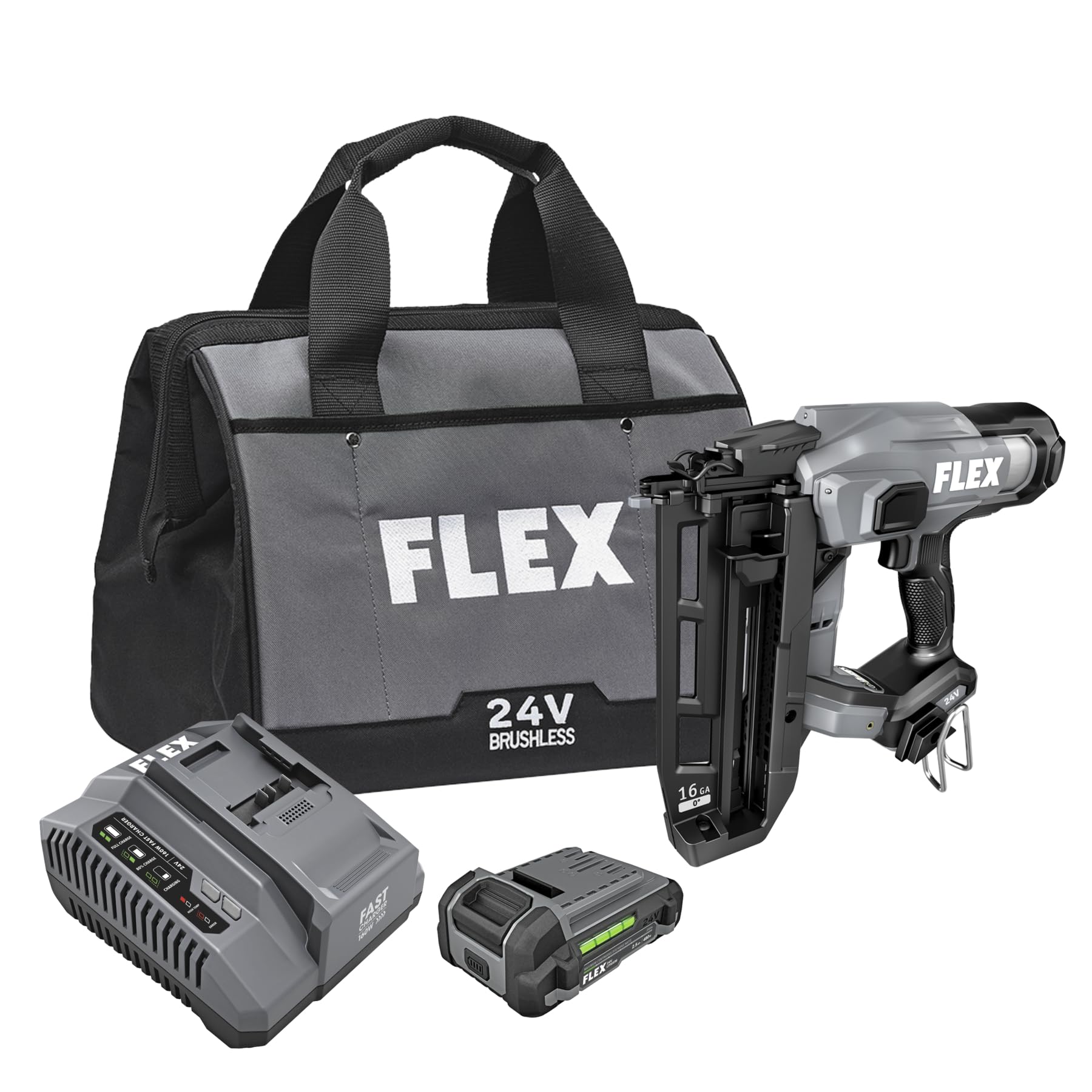 FLEX 24V Brushless Cordless 16 Gauge Straight Finish Nailer Kit, Zero Ramp-up, Heavy Duty Decorative Trim, Drives 3/4" to 2-1/2", Lightweight w/ 2.5Ah Battery &amp; 160W Fast Charger - FX4321-1A