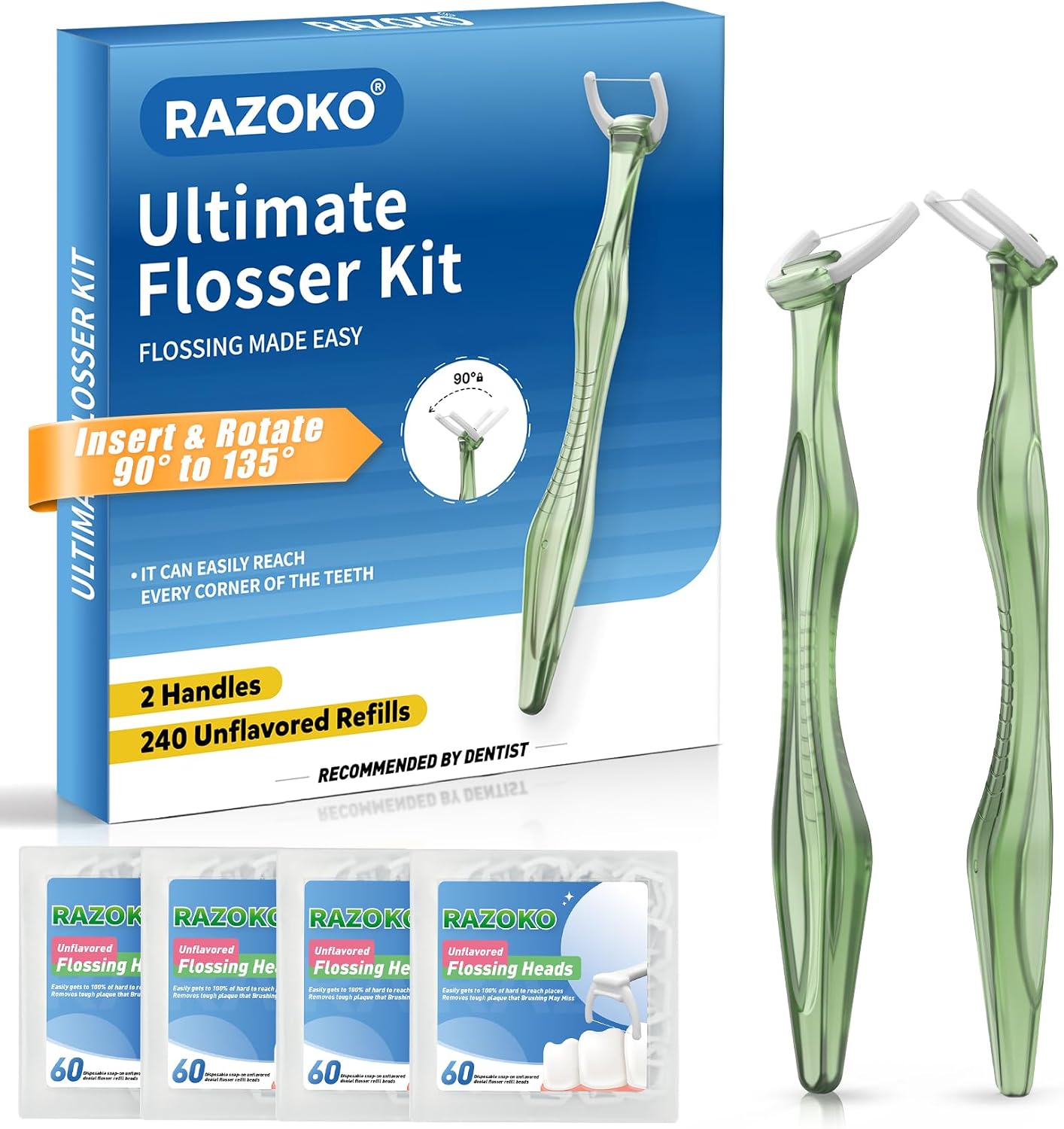 RAZOKO Flosser Kit, Shred-Resistant, Insert & Rotate 90° to 135° for Hard-to-Reach Areas, PTFE & PFAS Free, 2 Handles + 240 Refill Heads, Green