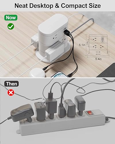 Miniatura 7 de Torre de regleta de alimentación con protector de sobretensiones 10 en 1, cable de extensión de enchufe plano de 5 pies con 7 tomas, 3 puertos USB