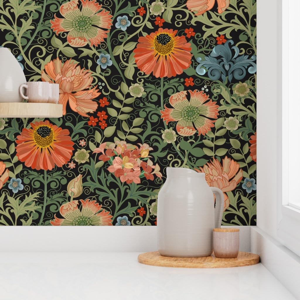 Spoonflower Removable Wallpaper Swatch - Art Nouveau Black Deco Floral Maximalist Flowers Flower Garden Victorian Inspired Custom Pre-Pasted Wallpaper
