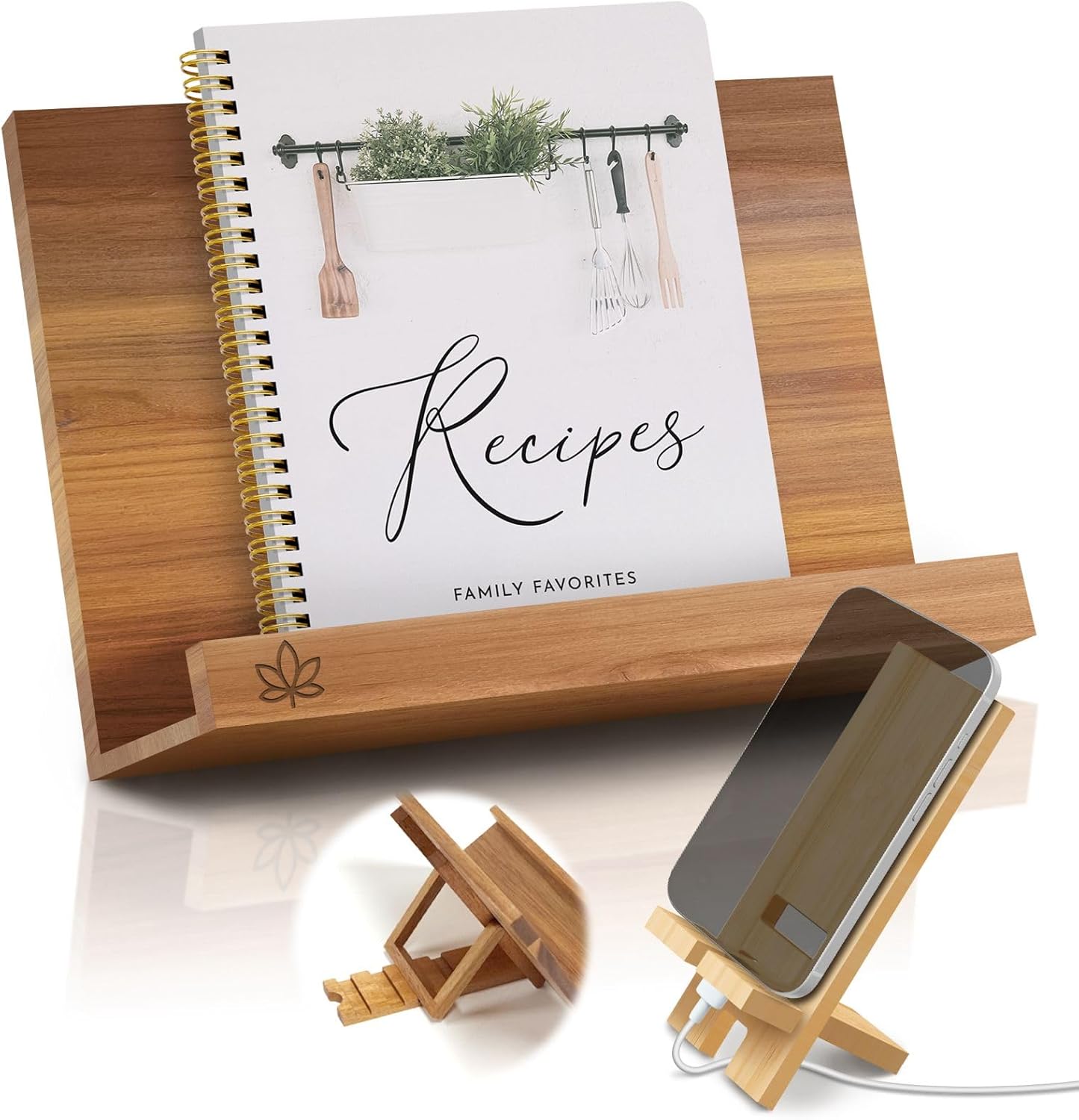 Wooden Cookbook Stand – Handmade Acacia Recipe Holder for Kitchen Counter | 4 Ergonomic Angles for Hands-Free Reading | Book, Tablet & iPad Stand | Gift-Ready Box