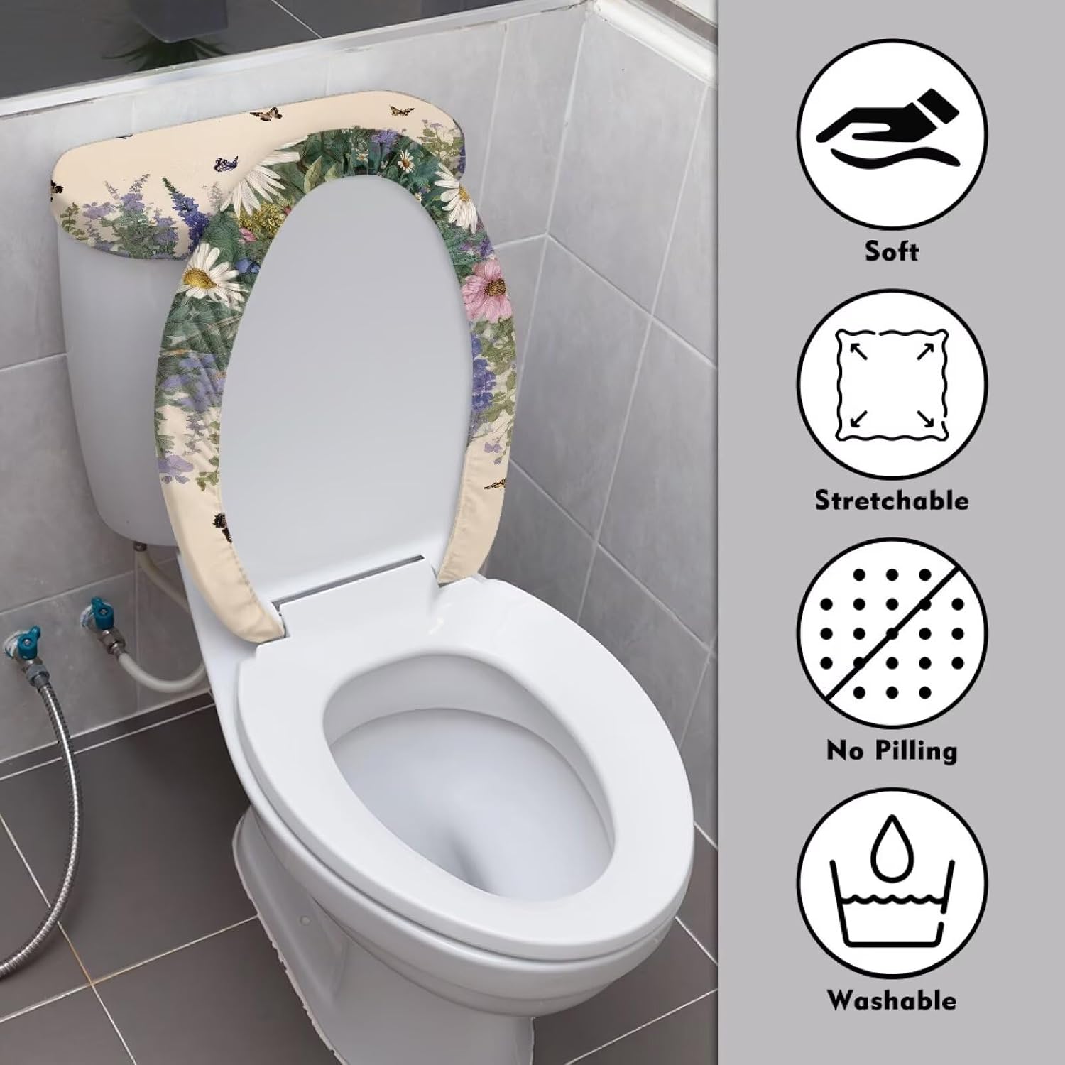 Vintage Butterfly SunflowerPattern Toilet Lid Cover and Tank Cover, Daisy Lavender Stain Resistant Toilet Lid Protector Dustproof Bathroom Decoration Accessories Fits Most Toilets