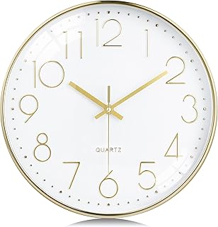 Lafocuse 12 Inch 3D Numbers Gold Wall Clock for Living Room Decor, Modern Kitchen Wall Clock Battery Operated Silent Non-Ticking Bedroom Home
