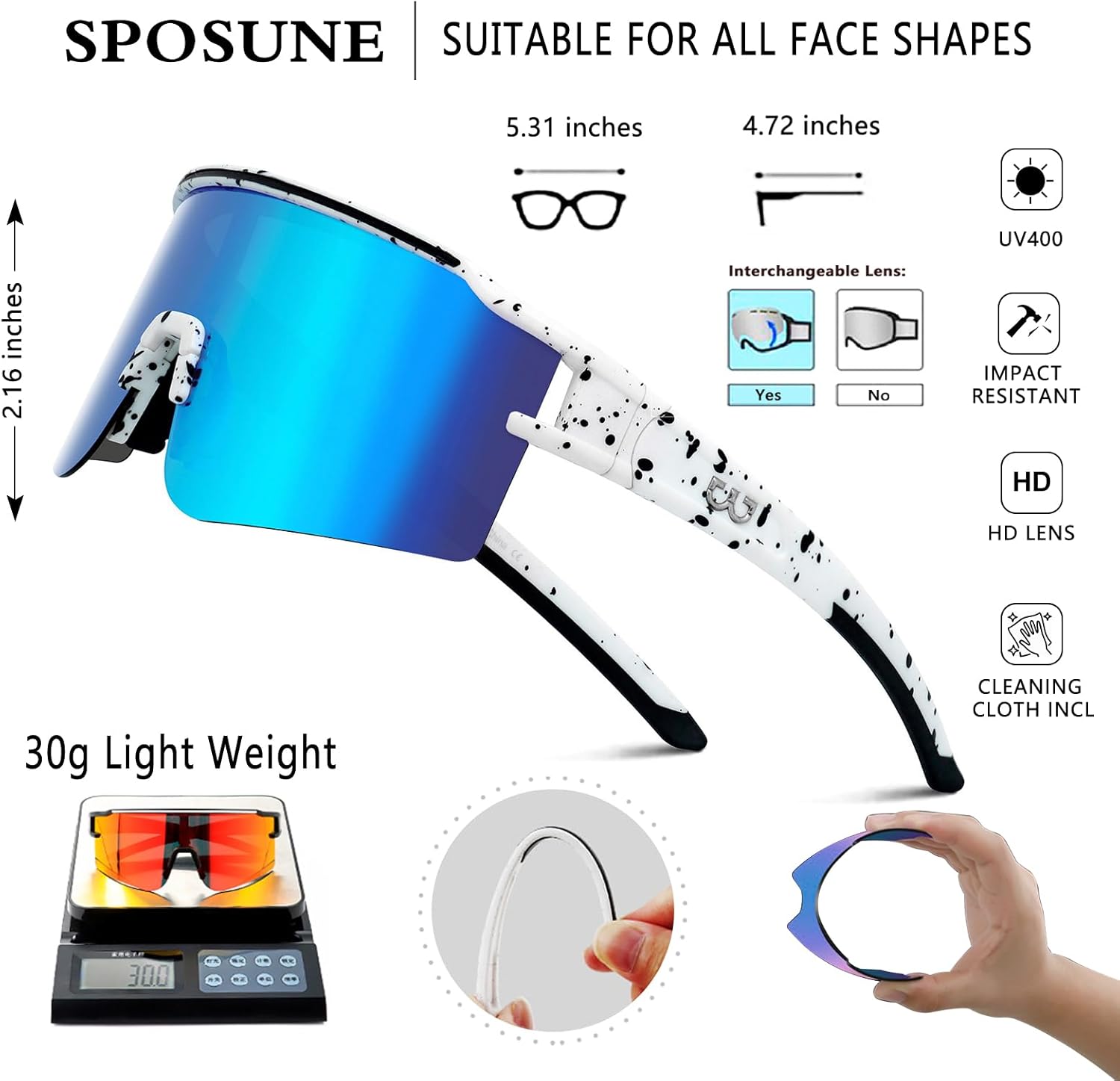 SPOSUNE Polarized Cycling Glasses with 3 Interchangeable Lenses for Women Men, TR90 Sports Sunglasses Running Baseball - Image 4