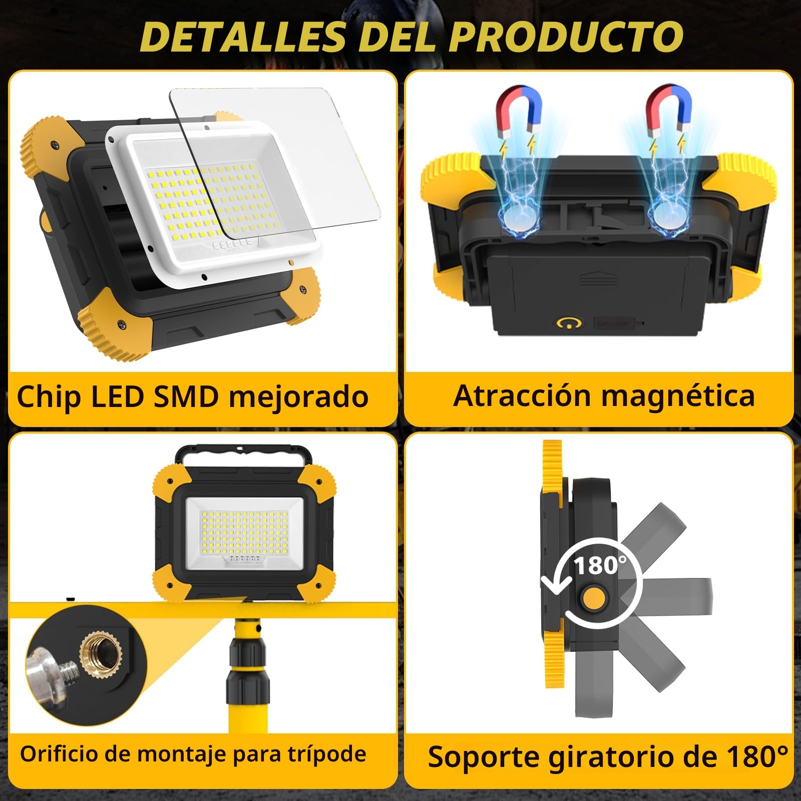 NATPOW Foco LED Recargable, Luz LED Trabajo Portátil con Baterías, 5 Modos Foco con Cable USB, Lámpara de Camping Magnético para Obras, Garaje, Taller Emergencia, 2 unidades