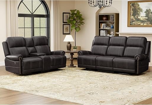 Faux Leather Electric Reclining Sofa Set, Power Recliner Five Seats Sofa Set, a Loveseat and a 3-Seat Sofa with USB and Type-C Charging Ports, Vintage Rivet Design for Living Room, Dark Brown