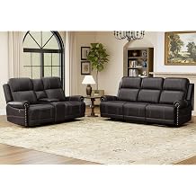 EBELLO Faux Leather Electric Reclining Sofa Set, Power Recliner Five Seats Sofa Set, a Loveseat and a 3-Seat Sofa with USB and Type-C Charging Ports, Vintage Rivet Design for Living Room, Dark Brown