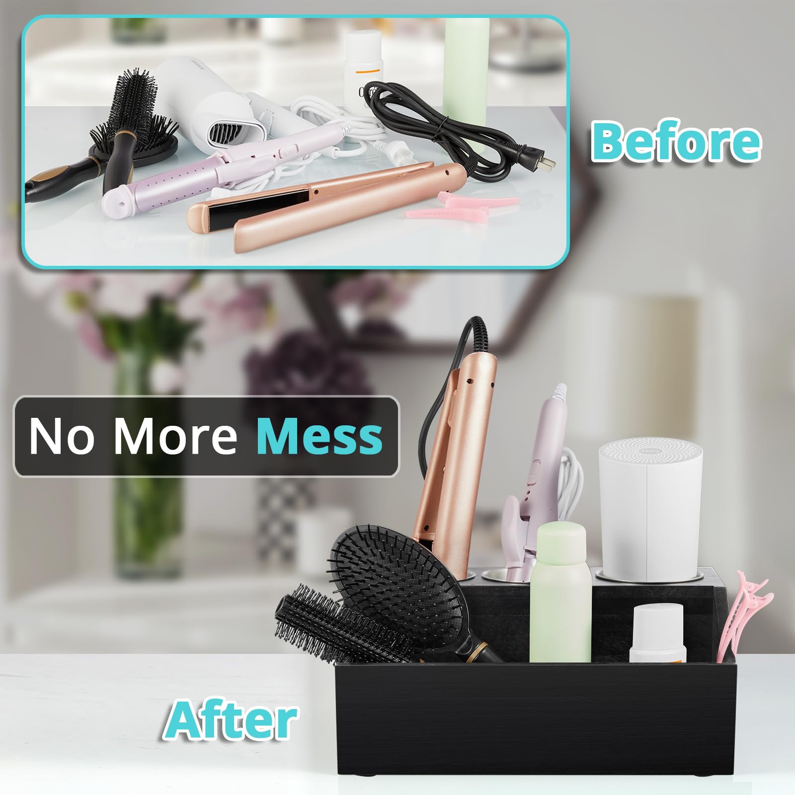Bivvclaz Organizador de herramientas de madera para el cabello, soporte de pared para secador de pelo, organizador de herramientas calientes para encimera para accesorios de peinado, suministros de