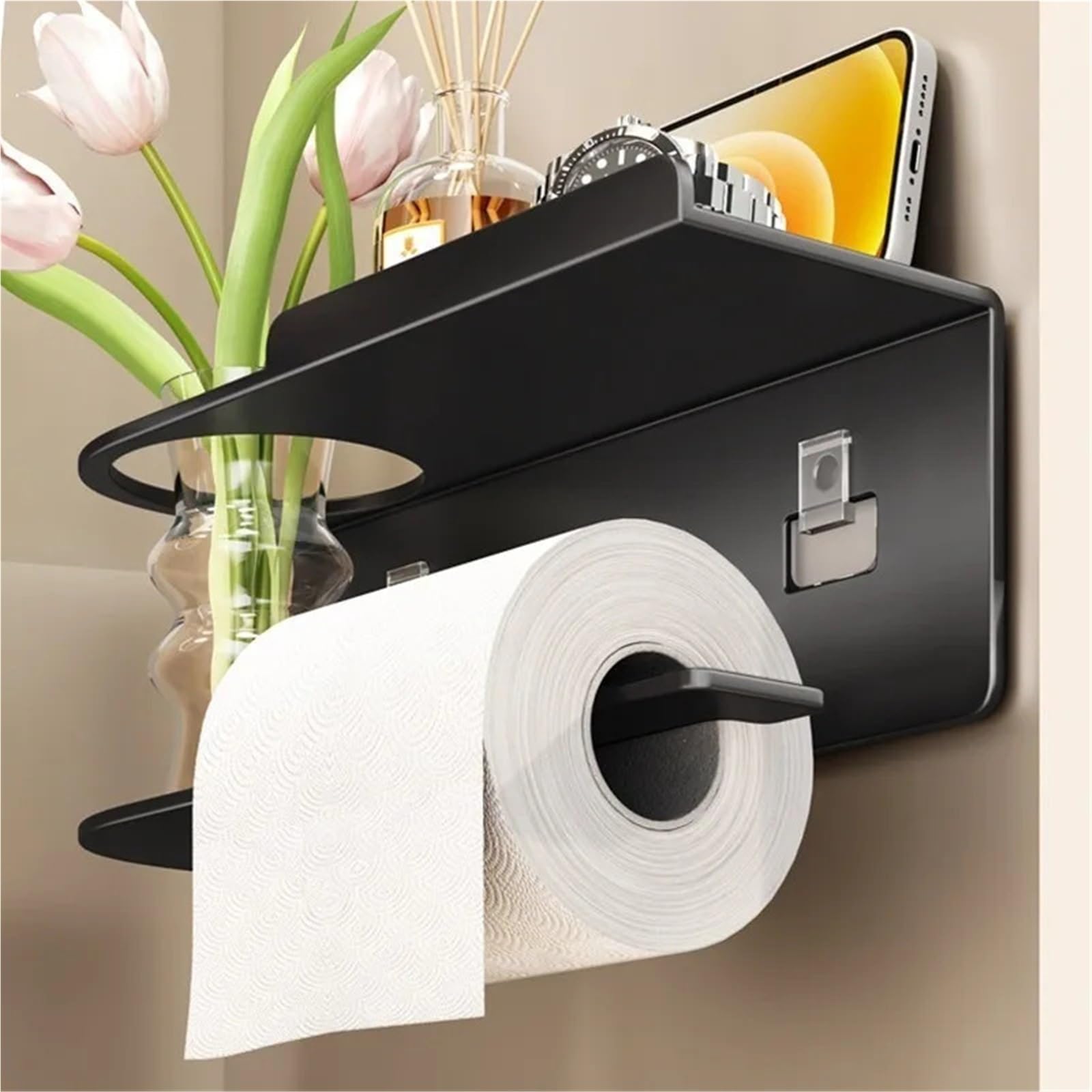 Portarotolo WC adesivo con mensola Porta carta igienica a parete | Con dispenser for rotoli e ripiano portaoggetti: organizer salvaspazio for il bagno di casa(Grey-B)