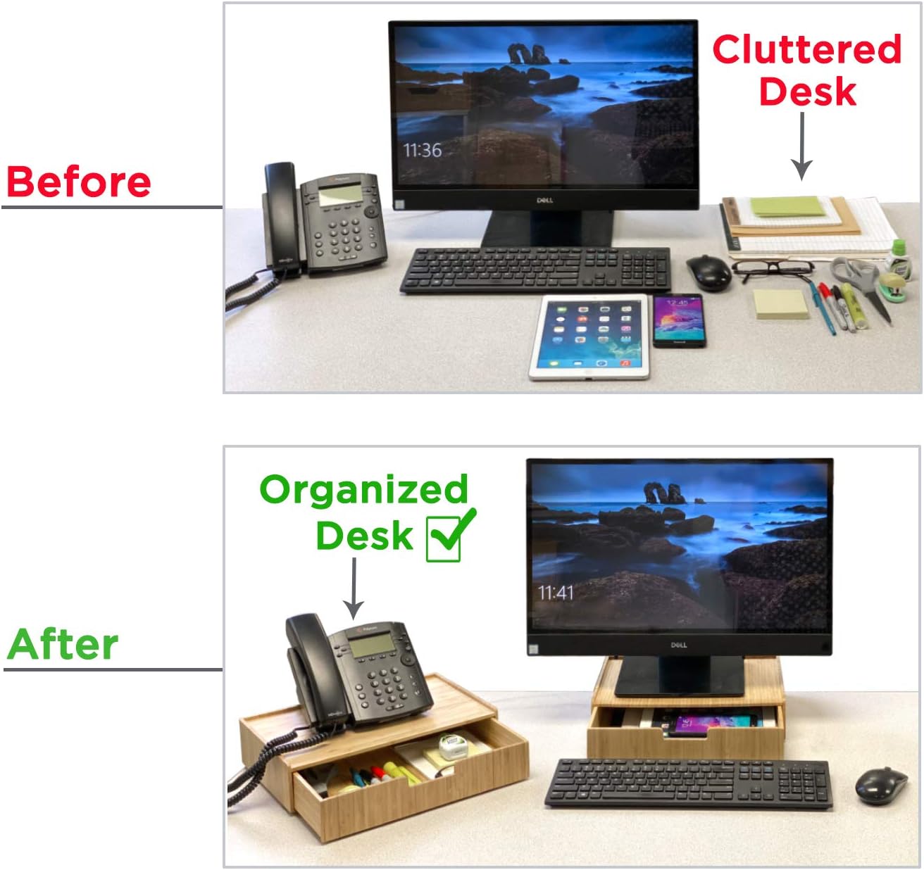 MobileVision Bamboo Drawer Large, Monitor Stand & Stackable Storage Solution for office products pens, pencils, scissors, notepads, business cards and more