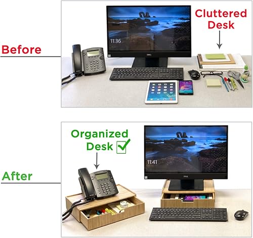 Miniatura 7 de MobileVision Cajón de bambú grande, soporte para monitor y solución de almacenamiento apilable para productos de oficina, bolígrafos, lápices,