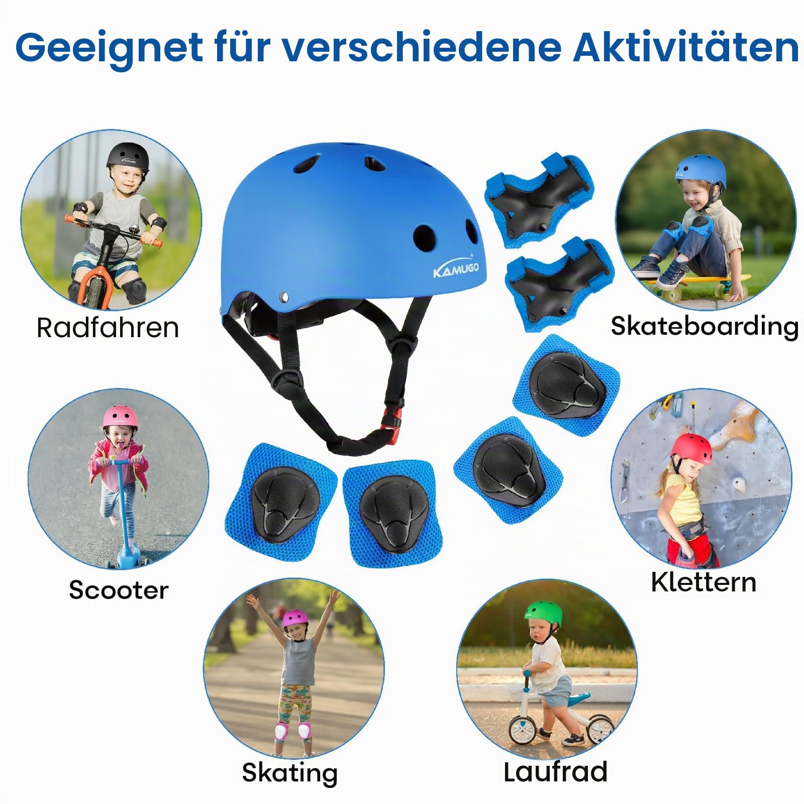 KAMUGO Kinderfahrradhelm, Helm für Kinder von 2 bis 8 Jahren, mit Sportschutzausrüstung, Kniepolstern, Ellenbogenpolstern und Handgelenkpolstern für Roller, Radfahren, Scooter