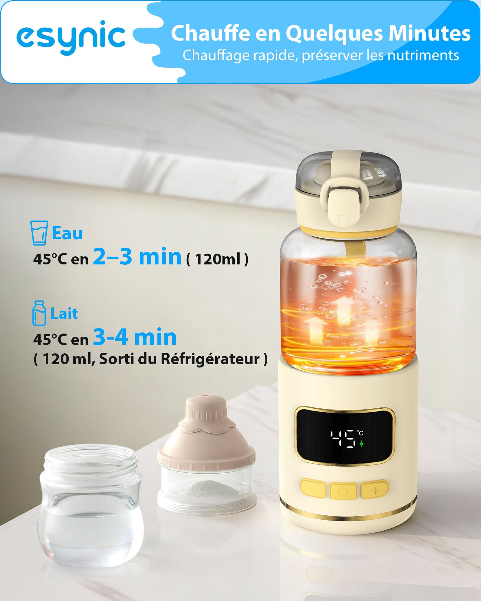 eSynic Chauffe Biberon Nomade Capacité 300ml sans Fil Écran Digital Verre Borosilicaté Graduations Claires Chauffe biberon Portable Contrôle de Température 37–55°C Batterie 15000mAh pour Voyage Sortie